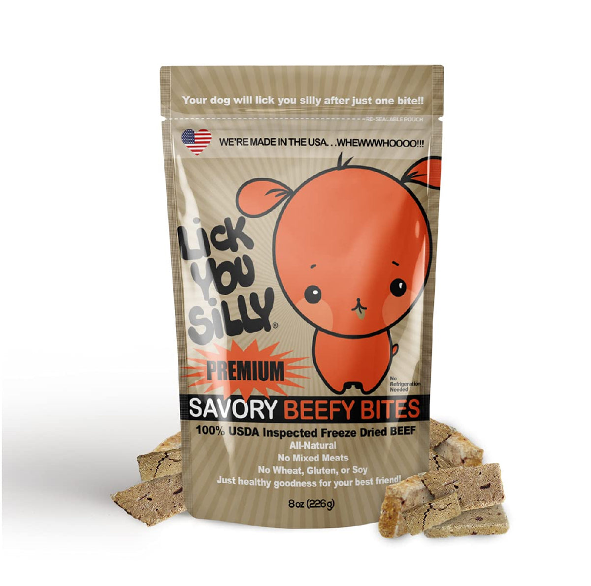 Lick You Silly packaging shows convenient on-the-go beef liver rewards for training.