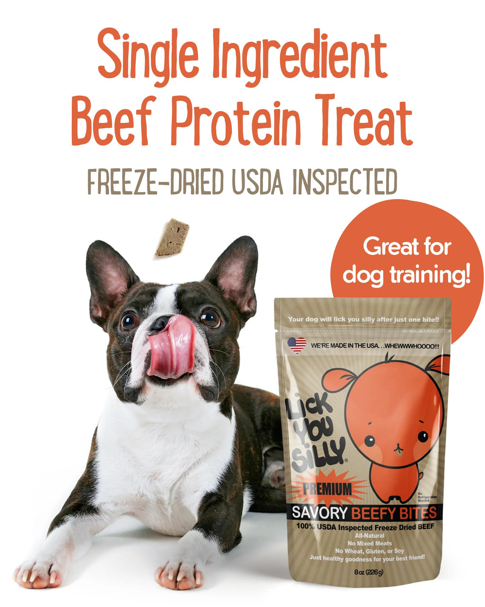 Lick You Silly training session image emphasizes high-protein reward for puppies.
