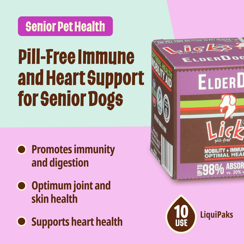 Licks ElderDog LiquiPaks bottle shown for convenient daily dosing.