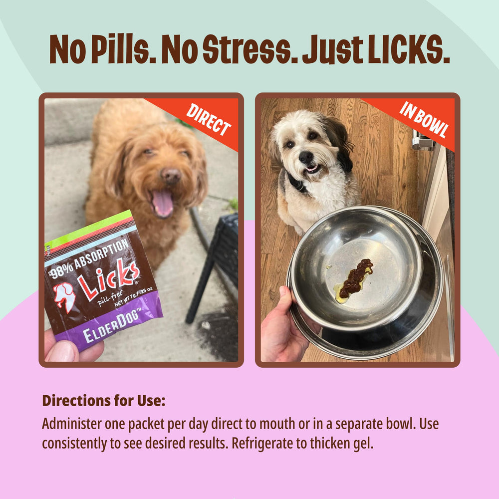 LiquiPaks beside the meal bowl with Licks ElderDog branding.