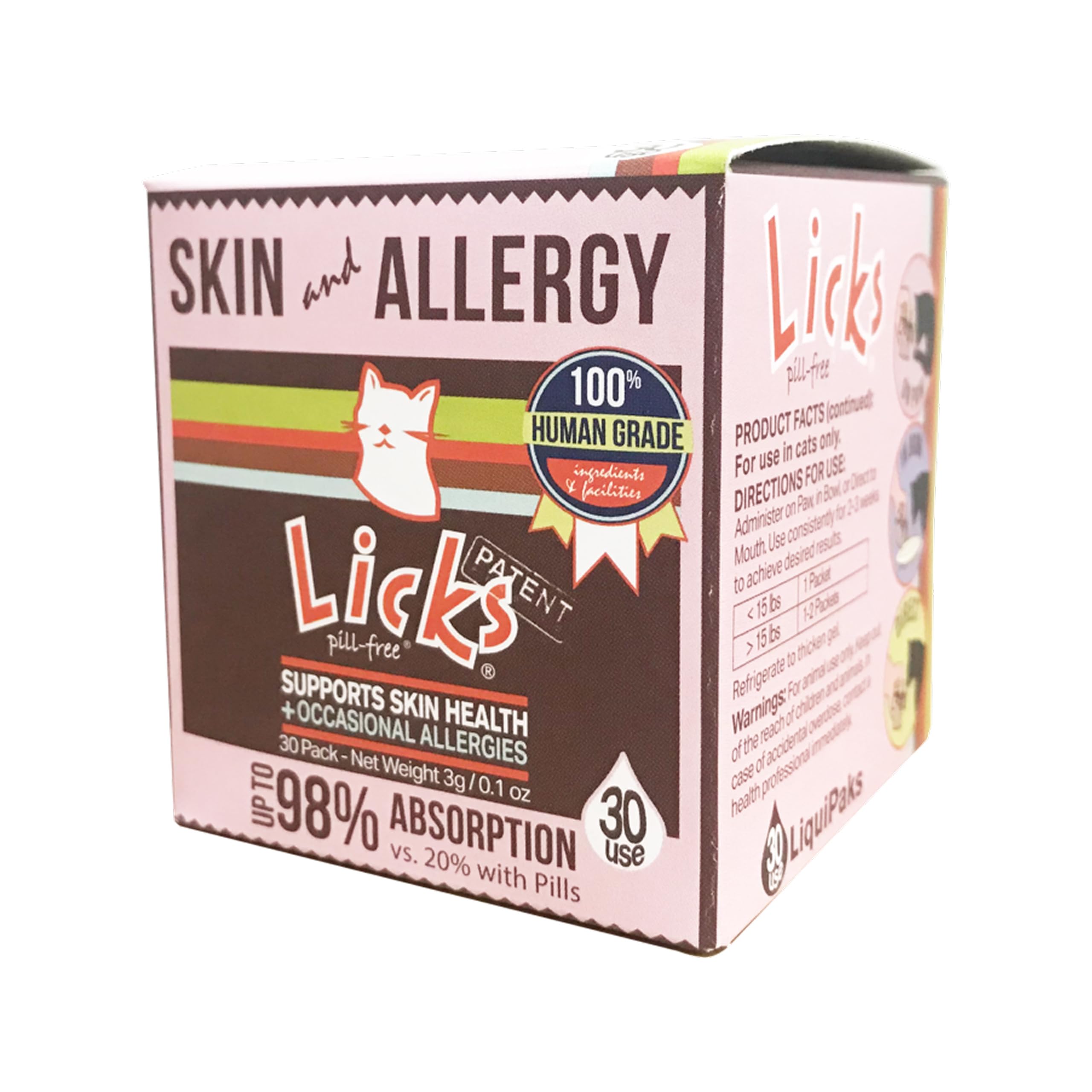 Licks Pill Free Cat Allergy LiquiPaks pack shows 30 uses for convenient daily dosing