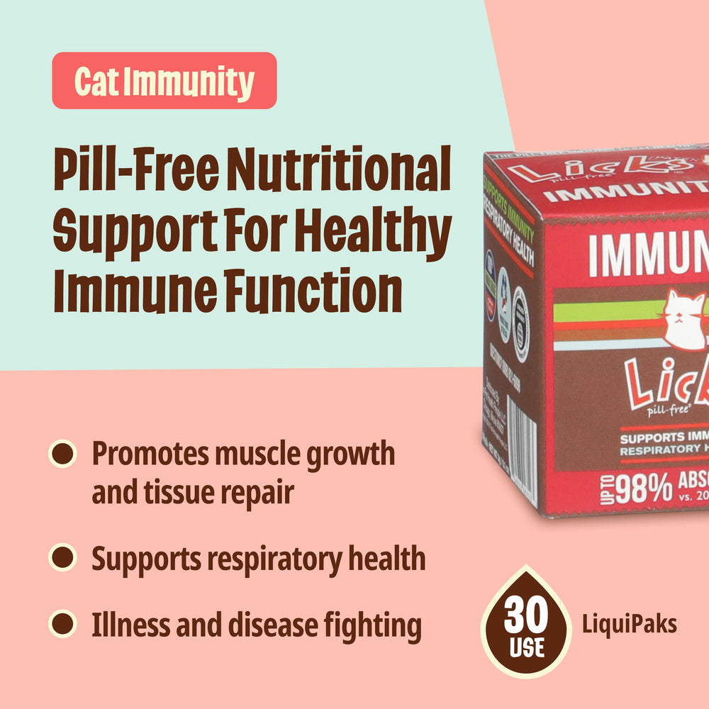 Licks Pill Free Cat Immunity gel packets ready-to-use for daily dosing.