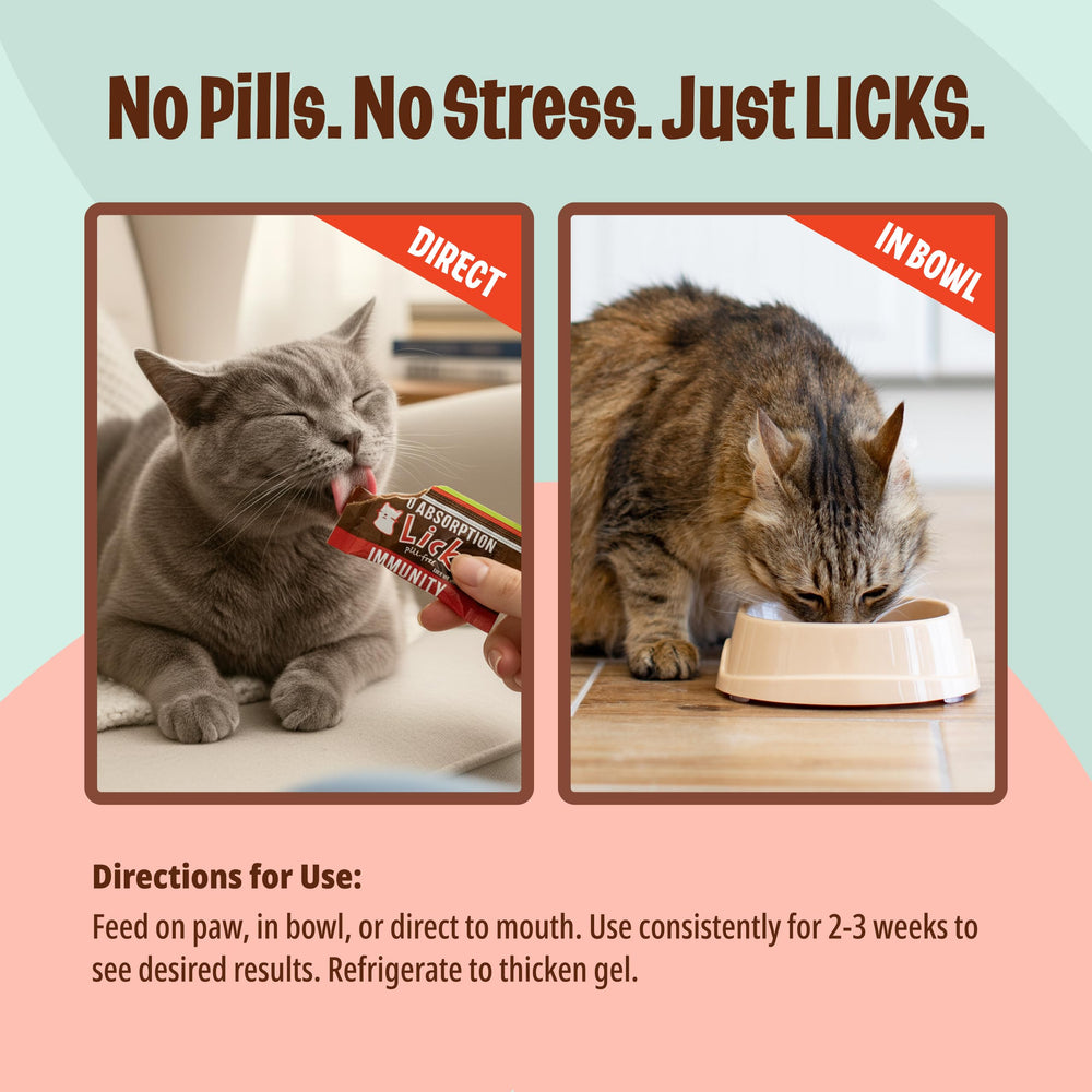 Licks Pill Free Cat Immunity gel packets ready-to-serve beside a cat toy.