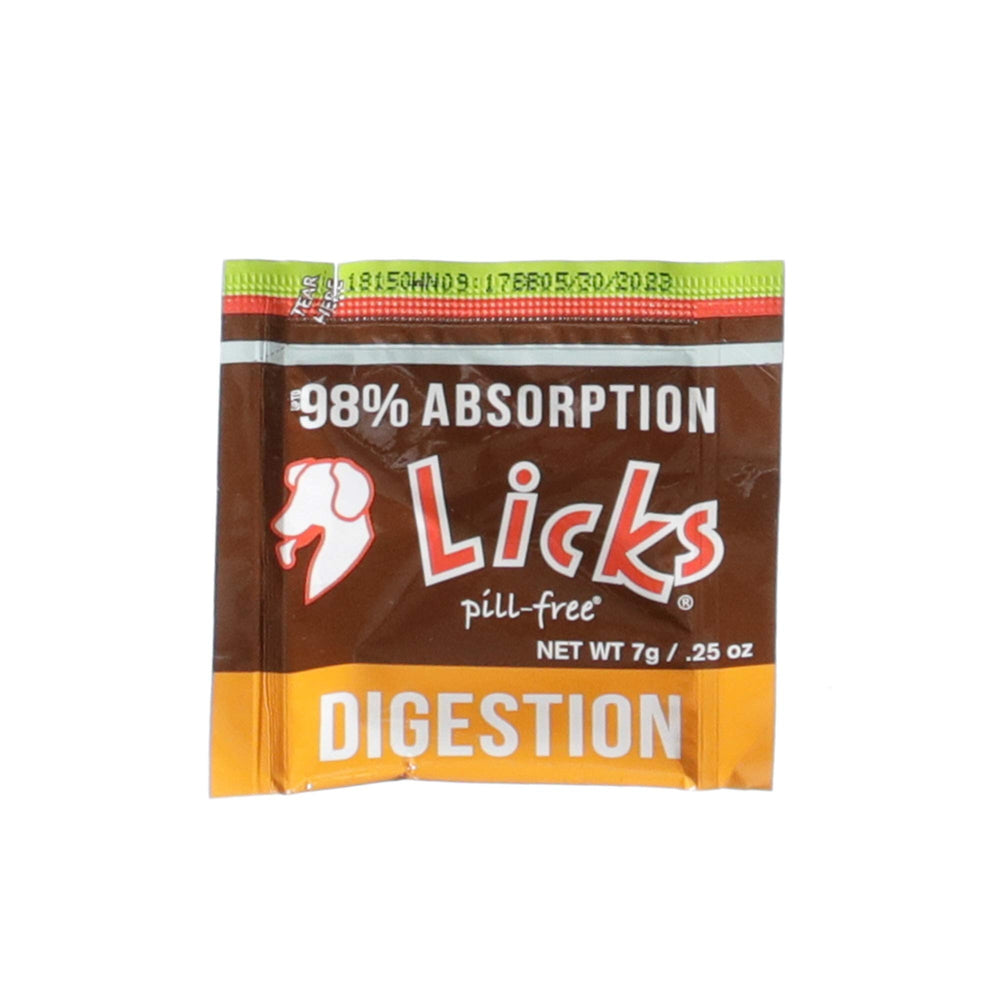 Licks Pill Free dog digestion support imagery communicates easy incorporation into daily feeding