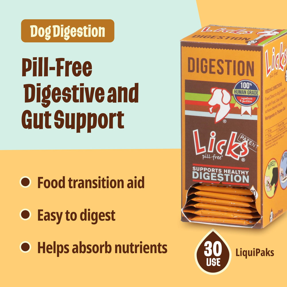 Licks Pill Free dog digestion enzymes bottle closeup highlights convenient enzyme blend for pet meals