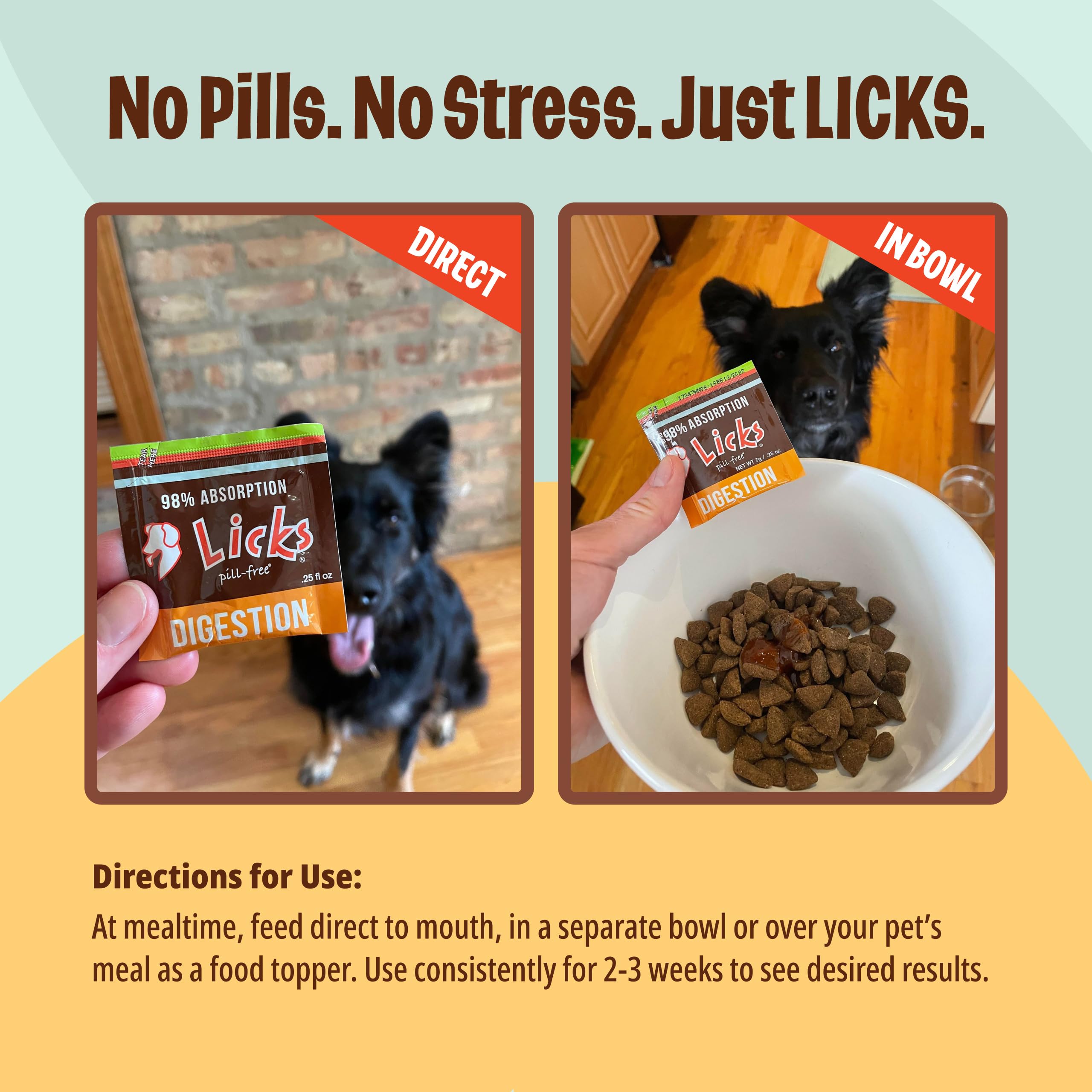 Licks Pill Free dog gas relief pack communicates relief during mealtime bloating