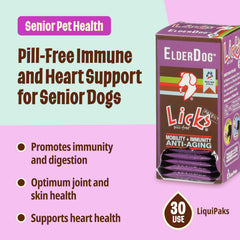 Licks Pill Free ElderDog joint-support formula in easy-to-use gel packets for aging dogs.