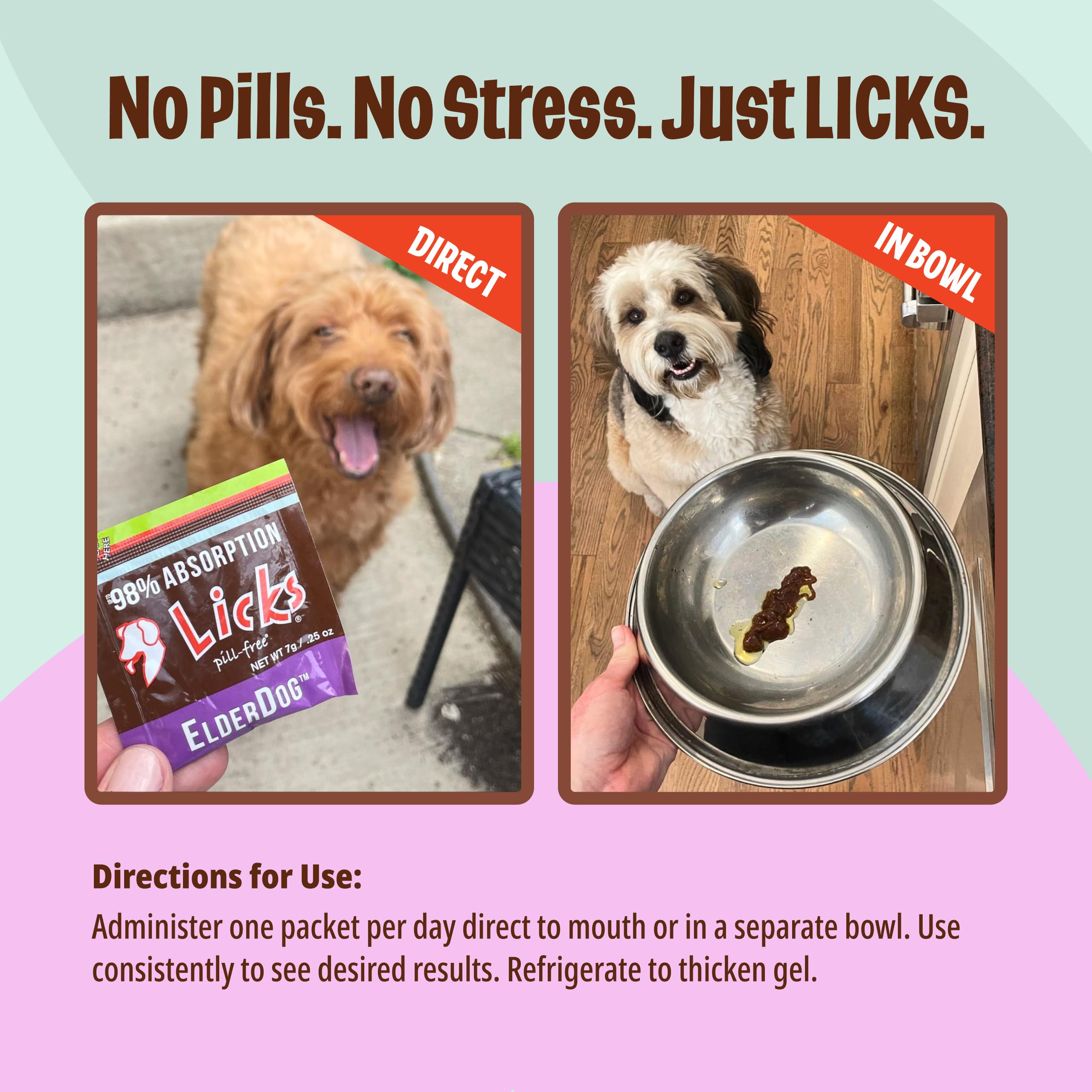 Licks Pill Free ElderDog packaging open-and-close shot with gel packets for easy serving.