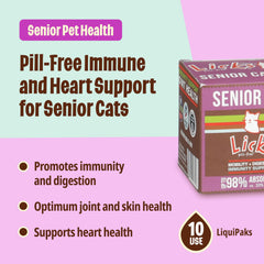 Licks Pill Free Senior Cat digestion packet illustrating easy administration for digestive support.