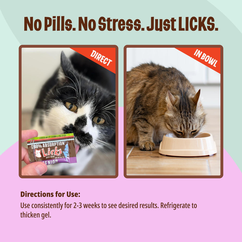 Licks Pill Free Senior Cat easy-open gel packs closeup showing simple serving for busy owners.