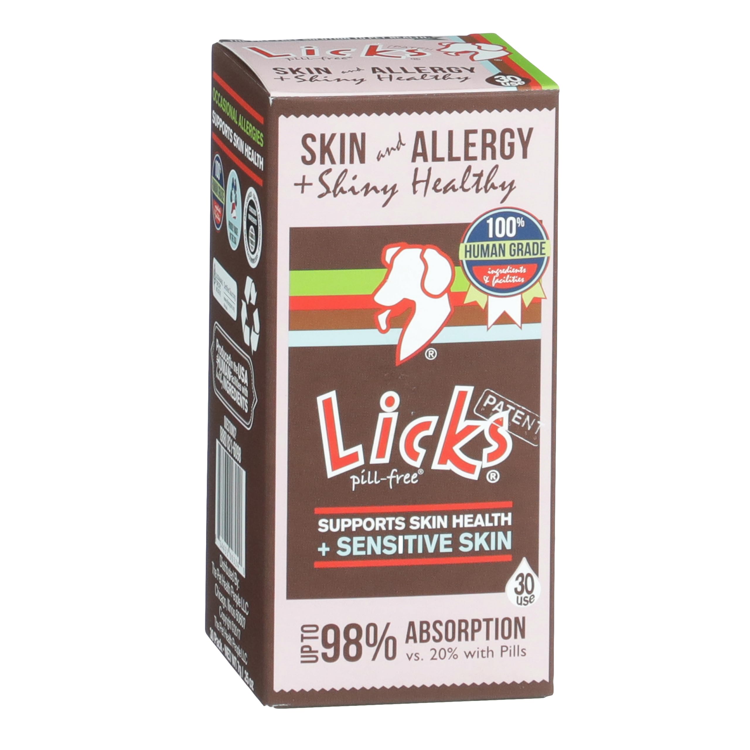 Licks Pill Free LiquiPaks bottle shows 30-use packaging for dog skin support