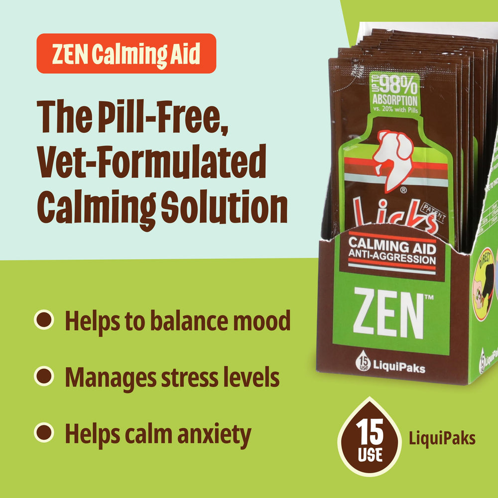 Licks Pill Free Zen Dog gel packets closeup highlighting easy-to-lick calming gel