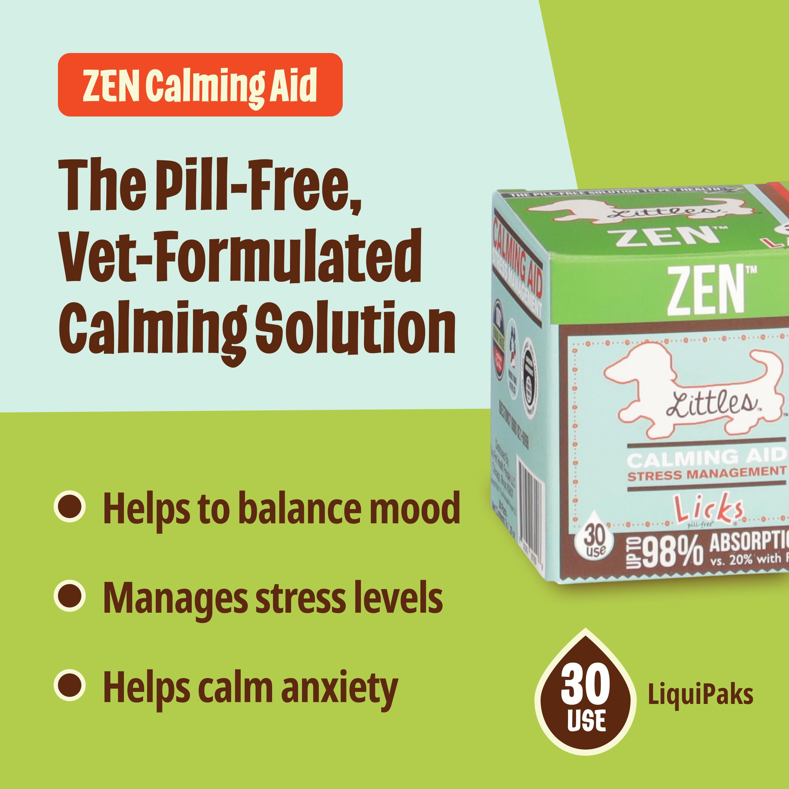 Licks Pill Free Zen gel-packet offered to a small-dog during a vet visit for calm