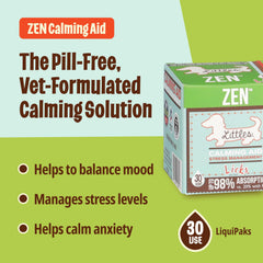 Licks Pill Free Zen gel-packet offered to a small-dog during a vet visit for calm