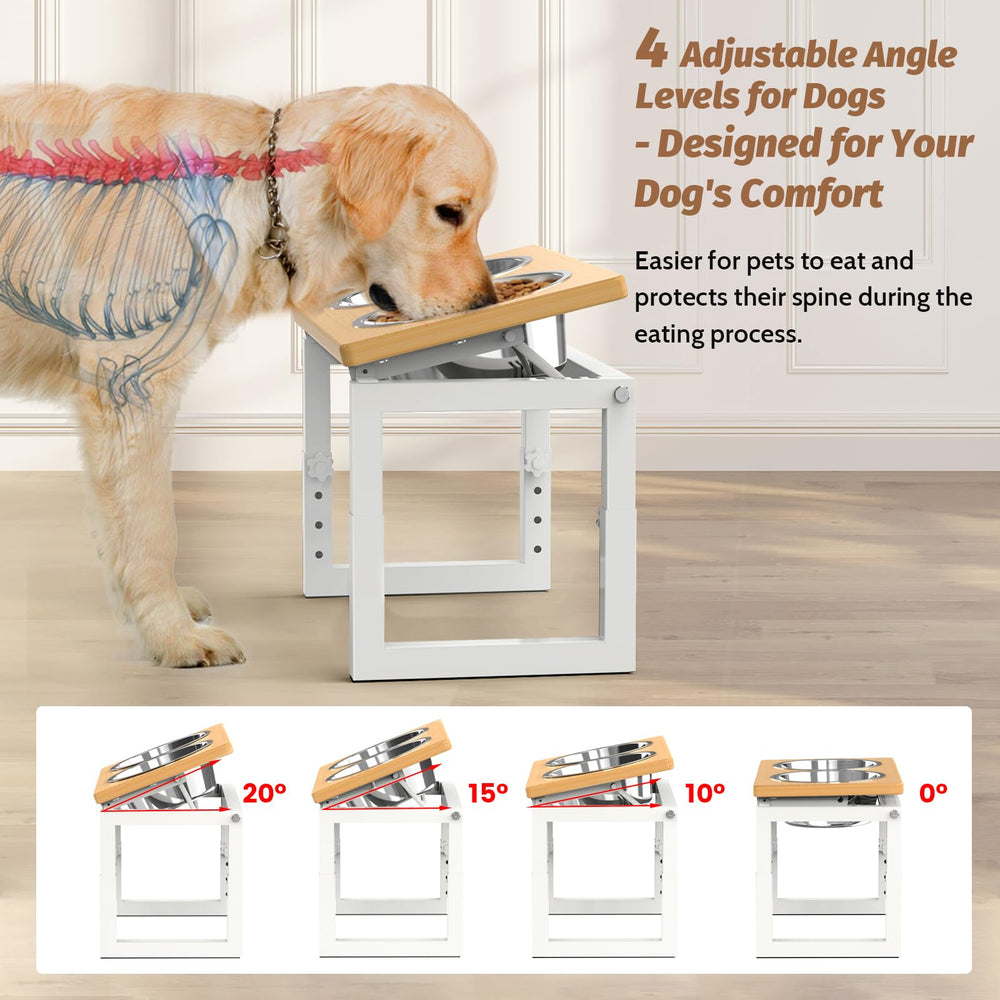 LIDTOP elevated dog bowls tilt 0-20 degrees for easier reach during meals.