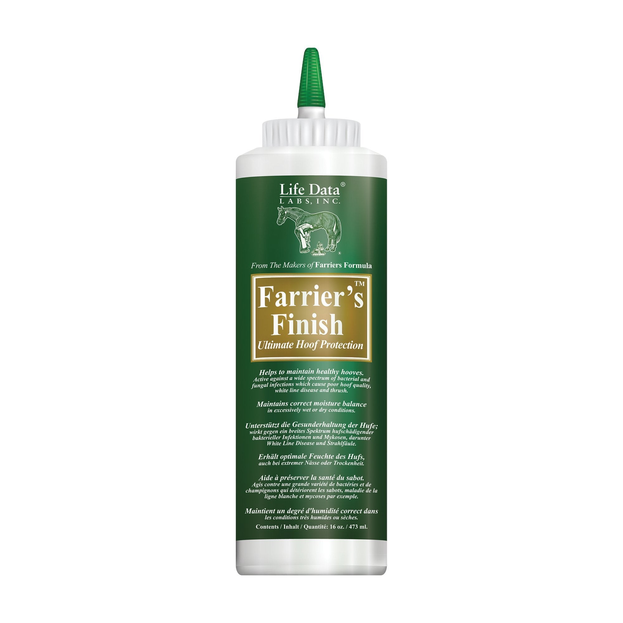 Life Data Farrier's Finish bottle side view for hoof disinfection and conditioning