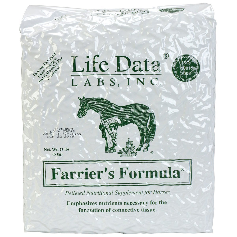 Life Data LABS Farrier's Formula refill bag shows hoof nutrition for stronger growth and coat shine.