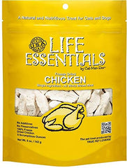 LIFE ESSENTIALS BY CAT-MAN-DOO bag close-up shows 100% chicken breast treats for training rewards.