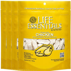 LIFE ESSENTIALS BY CAT-MAN-DOO packaging highlights USA-made freeze-dried chicken treats for daily rewards.