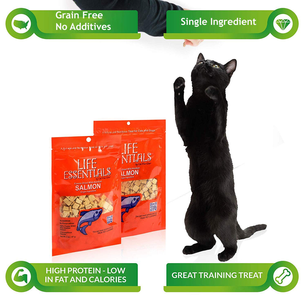 Life Essentials by Cat-Man-Doo pets enjoying salmon treats as a tasty snack.
