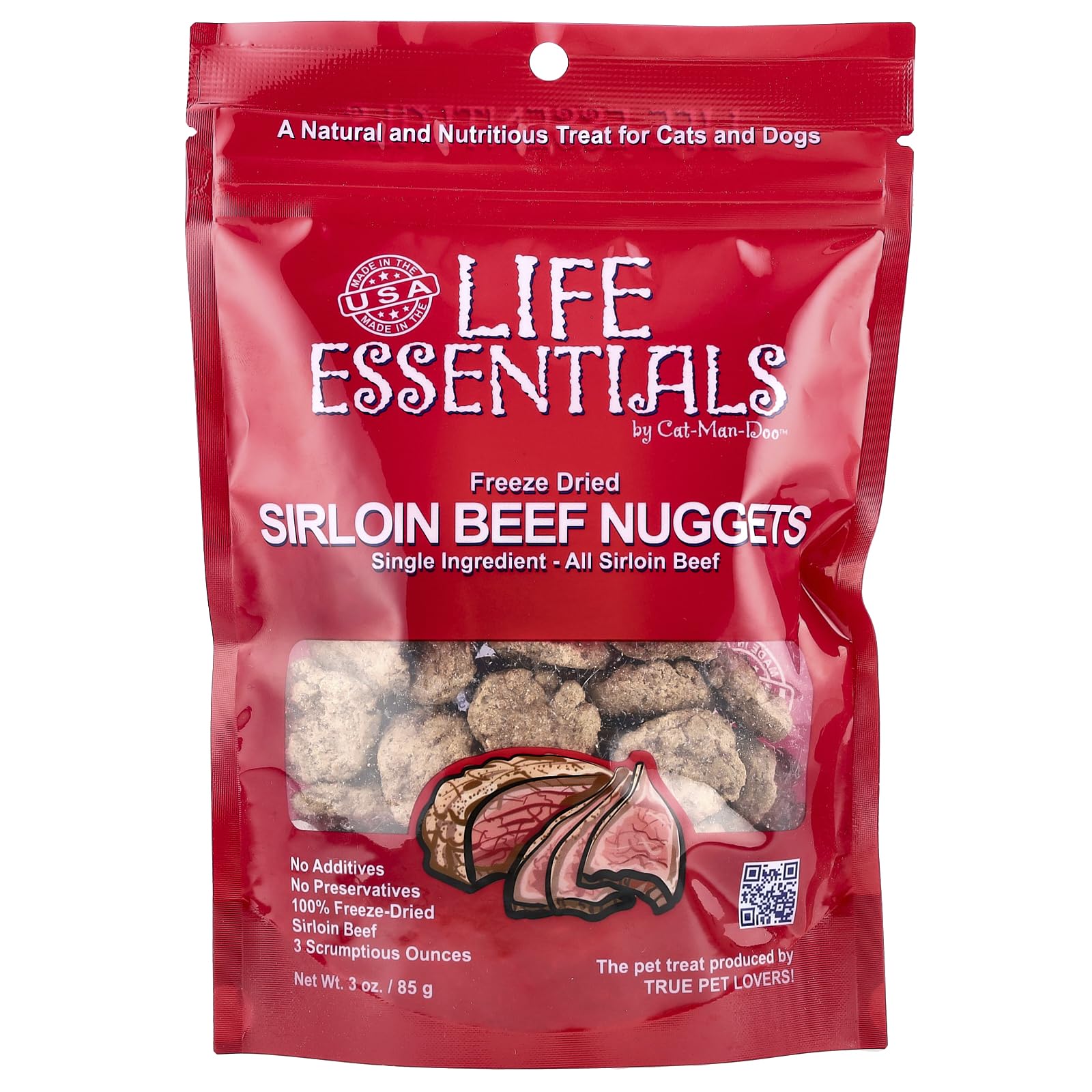 Life Essentials by Cat-Man-Doo freeze-dried beef nuggets packshot—high-protein treat for dogs and cats.
