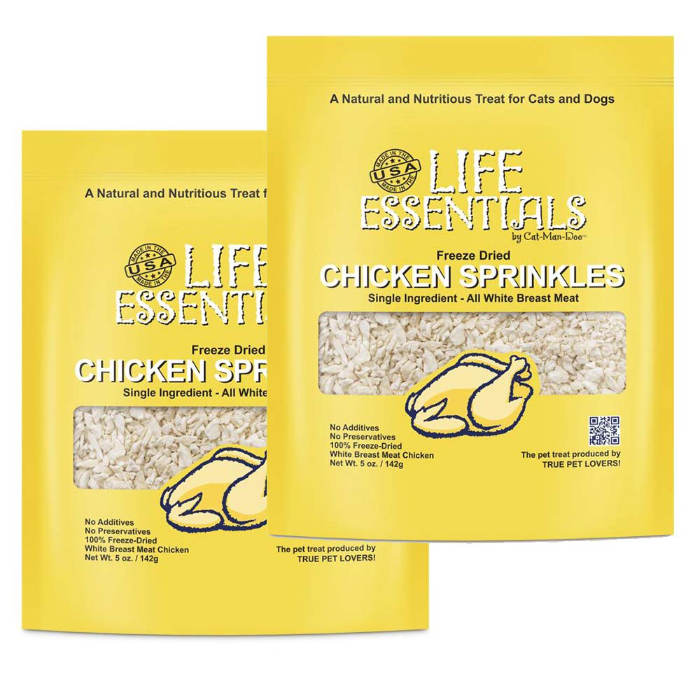 Life Essentials by Cat-Man-Doo bowl presentation of freeze-dried chicken sprinkles for training rewards.