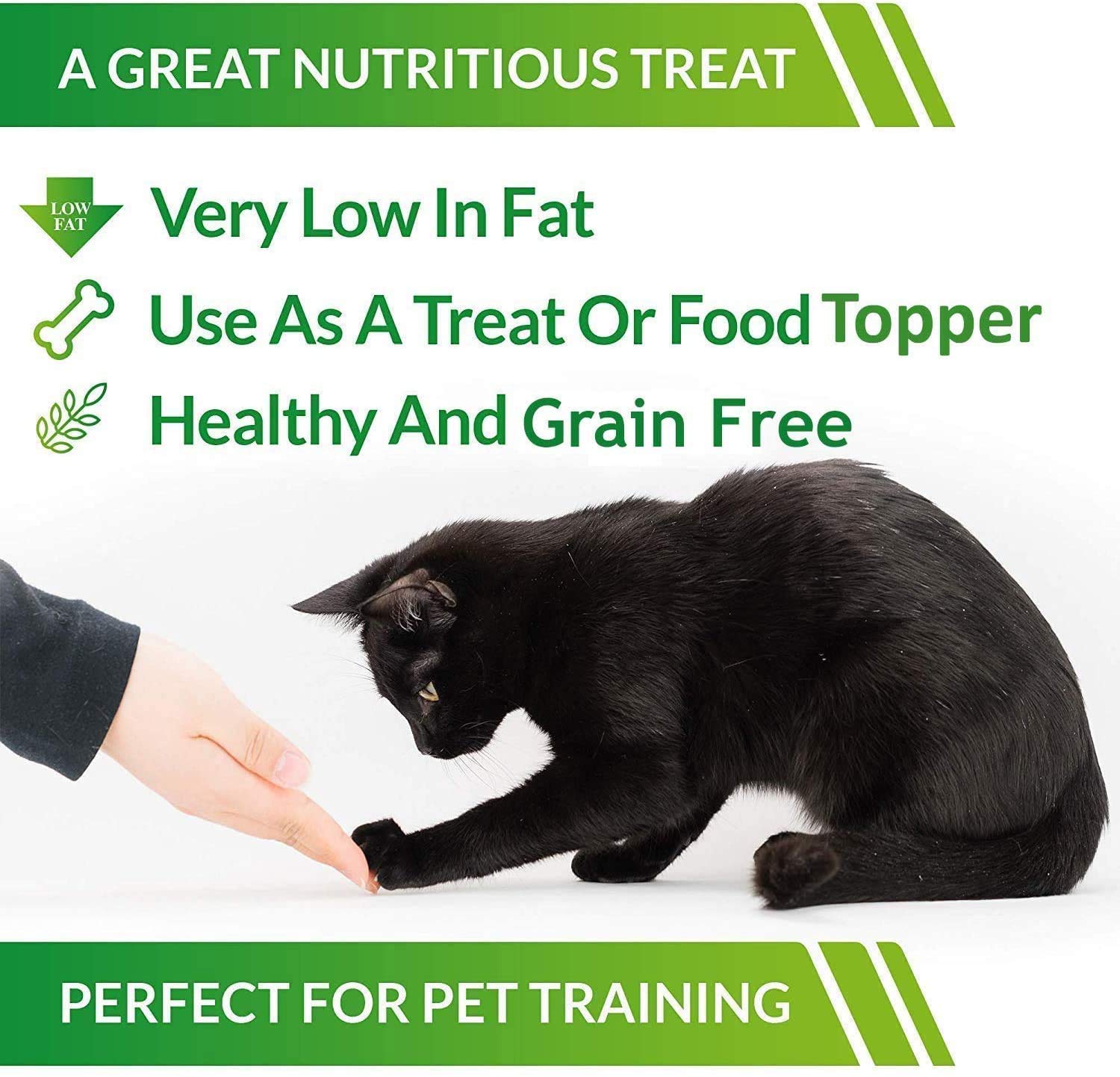 Life Essentials by Cat-Man-Doo shaker dispensing freeze-dried chicken sprinkles as grain-free kibble topper.