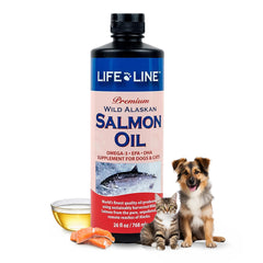 Life Line Wild Alaskan Salmon Oil bottle promotes healthier skin and shinier coats for pets.