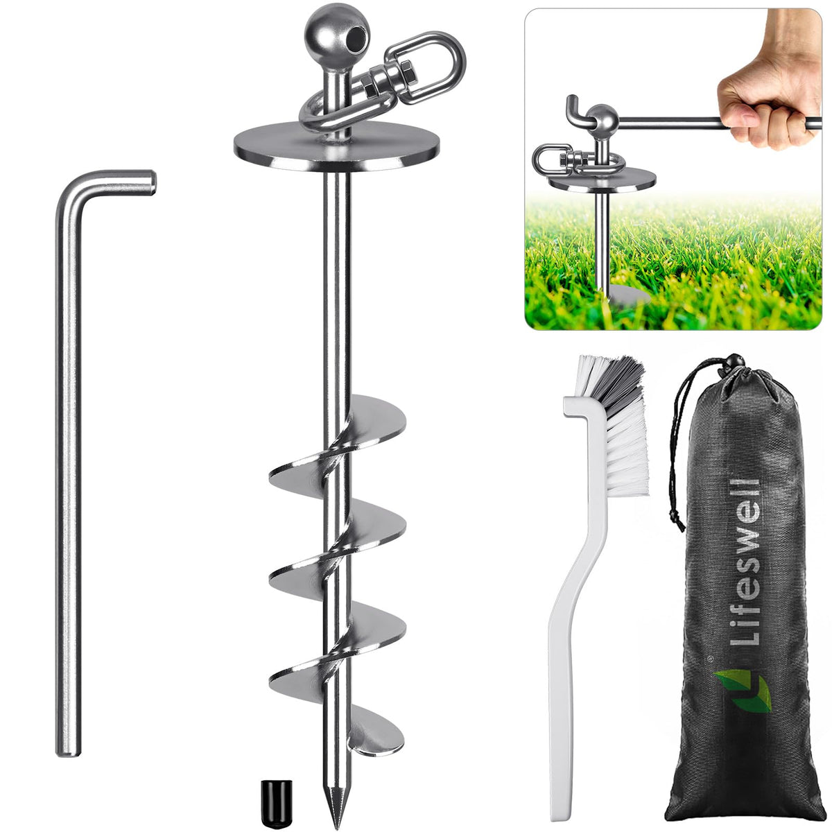 Lifeswell 16-inch dog tie out stake with swivel top for tangle-free outdoor freedom.