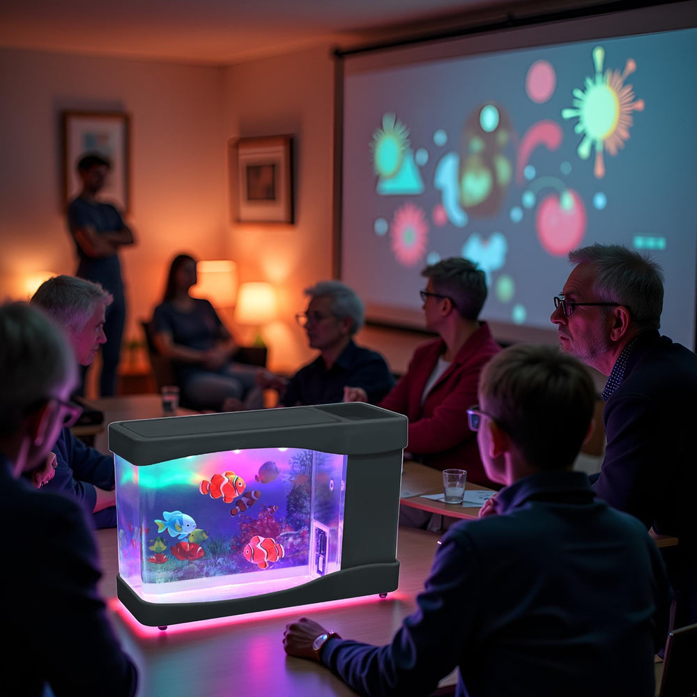 Lightahead artificial mini aquarium with ocean background for reef-like ambience.