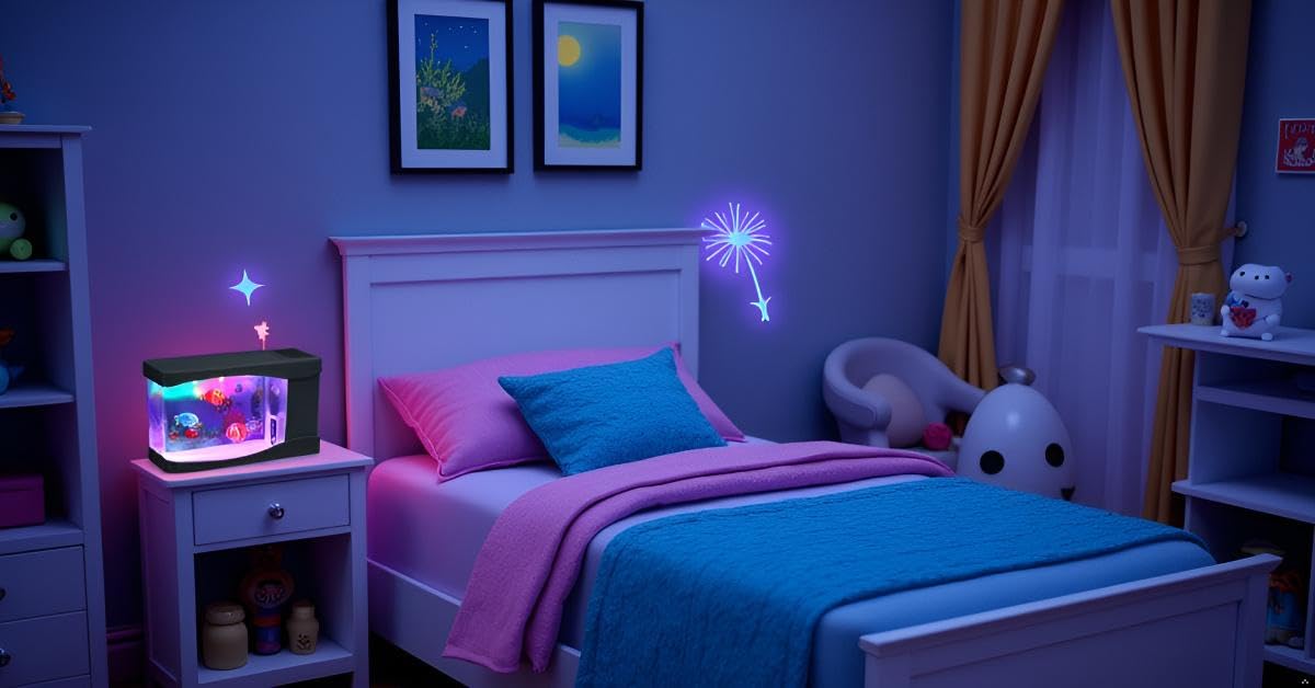 Lightahead artificial mini aquarium shows three colorful fish swimming in LED glow.