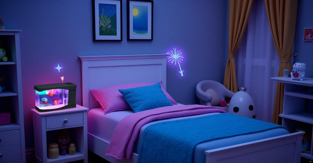 Lightahead artificial mini aquarium shows three colorful fish swimming in LED glow.