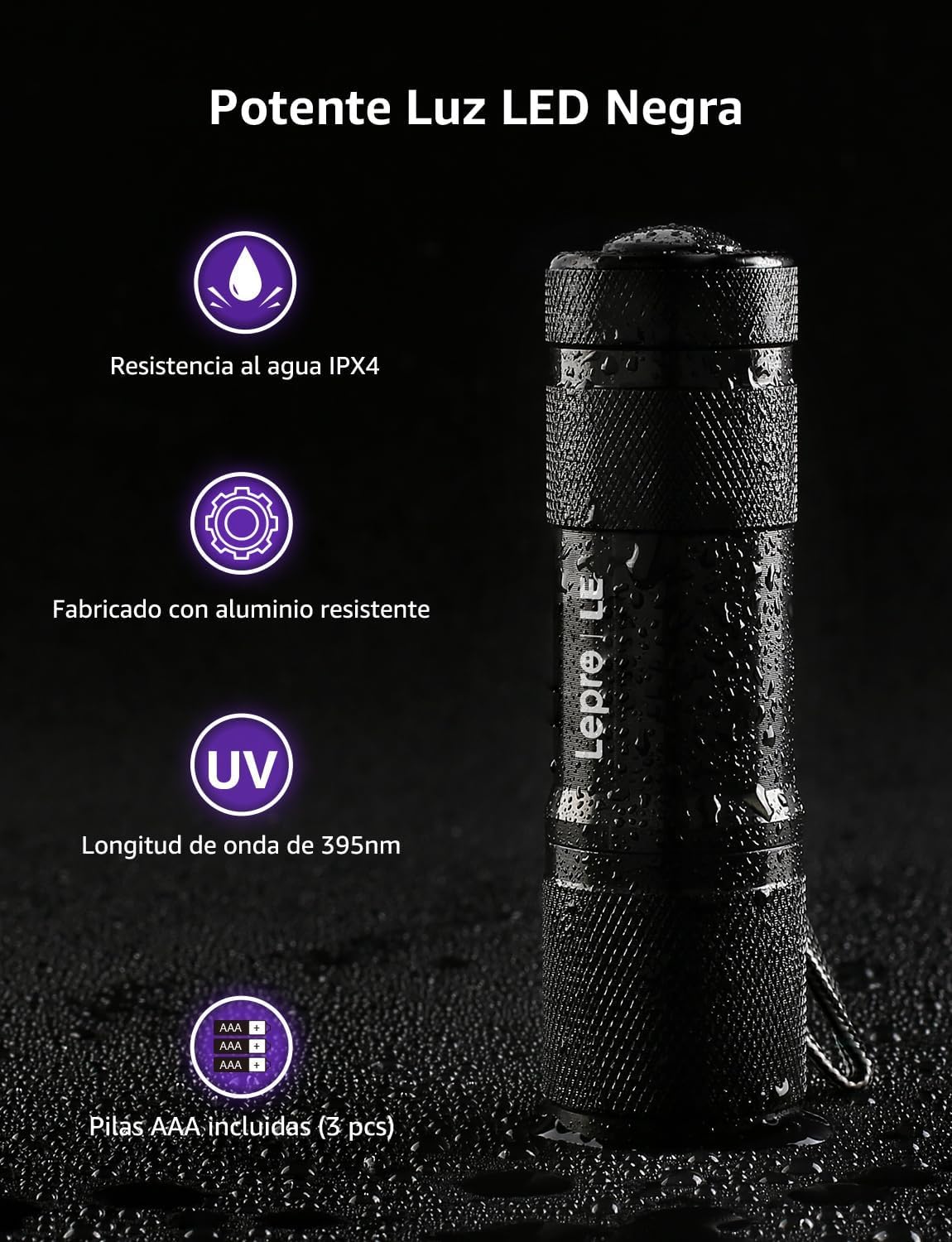 Lighting EVER LE Small UV 395nm, incluye baterías AAA para uso inmediato.