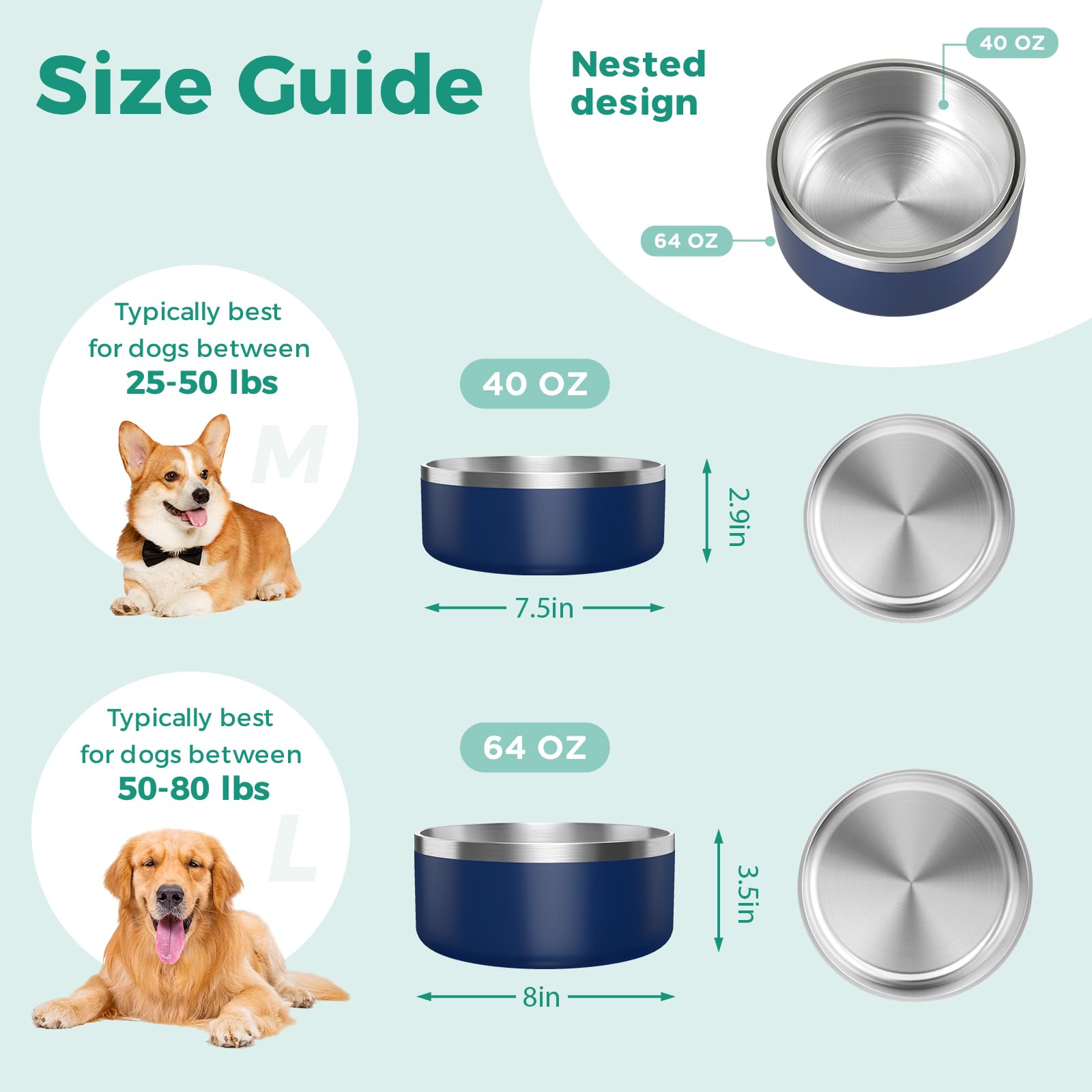 LIHONG 40oz dog bowl size and dimensions for medium pets.