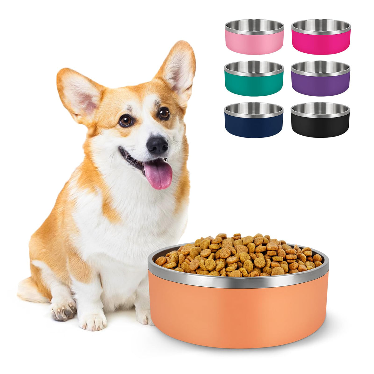 LIHONG stainless steel dog bowls 40oz orange top view showing rust-proof durability for small dogs.