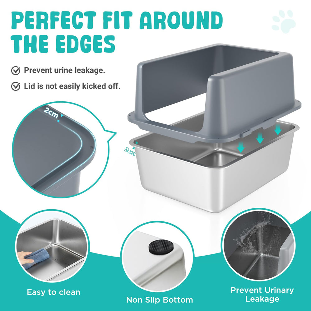 lihoooom stainless-steel litter pan offers durable surface and easy wipe-down.