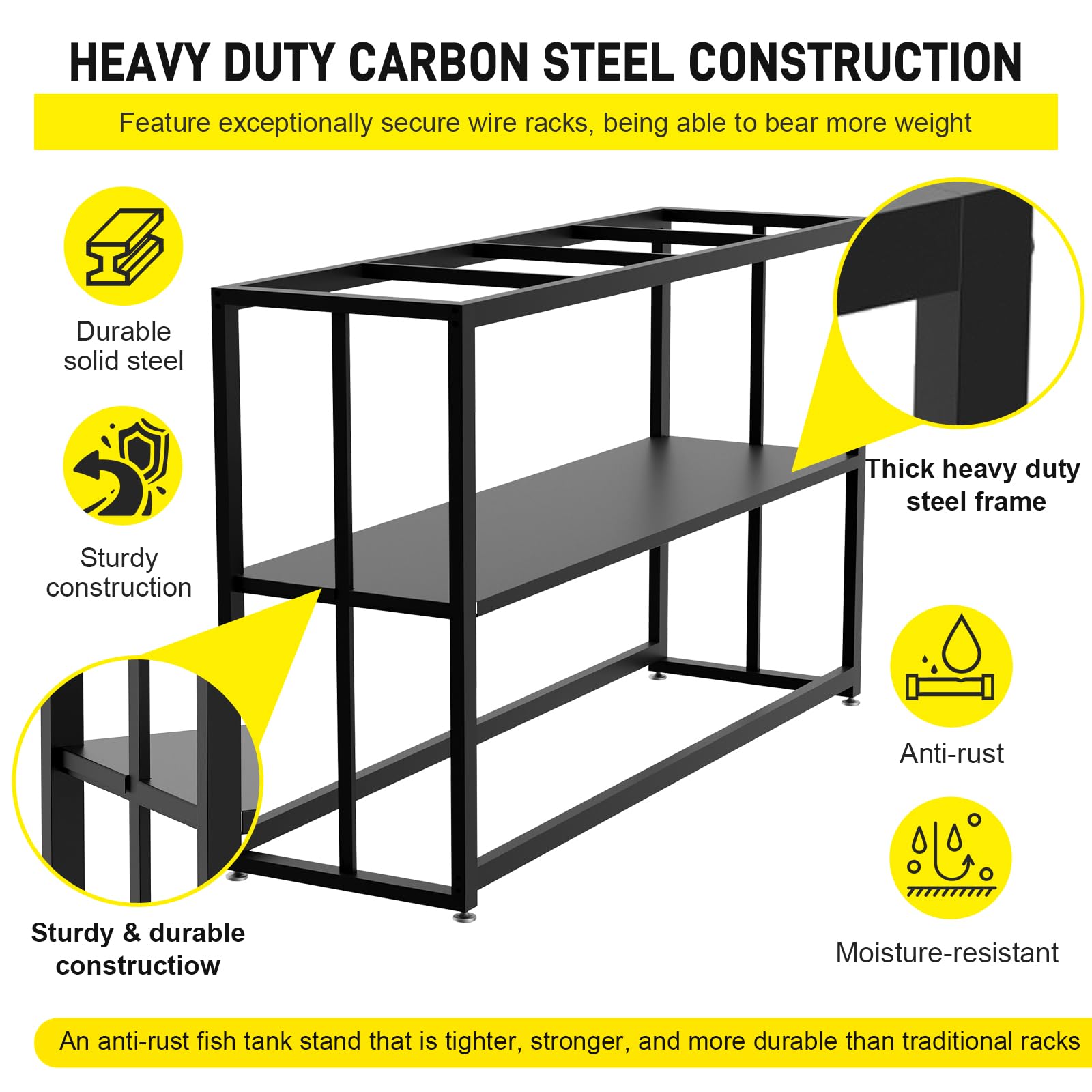 Likeem 55-gallon aquarium stand assembly image demonstrates tool-free setup in minutes.