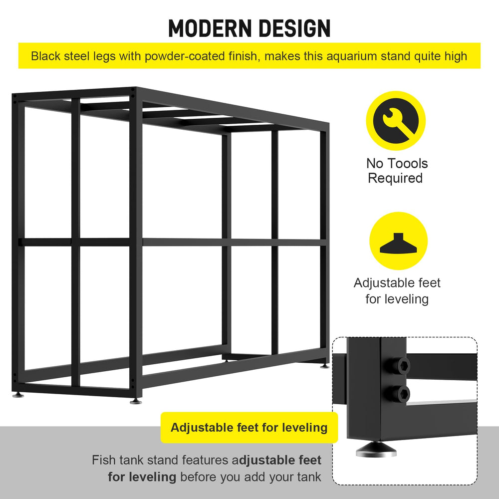 Likeem metal aquarium stand corner view emphasizes sturdy crossbars and wobble-free stability.