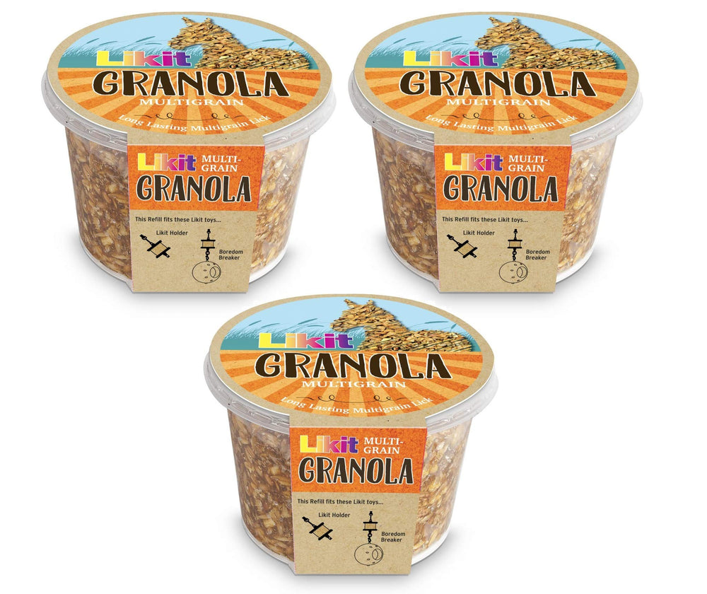 Likit Granola Multigrain 3-Pack packaging highlighting recyclable, long-lasting horse treats.