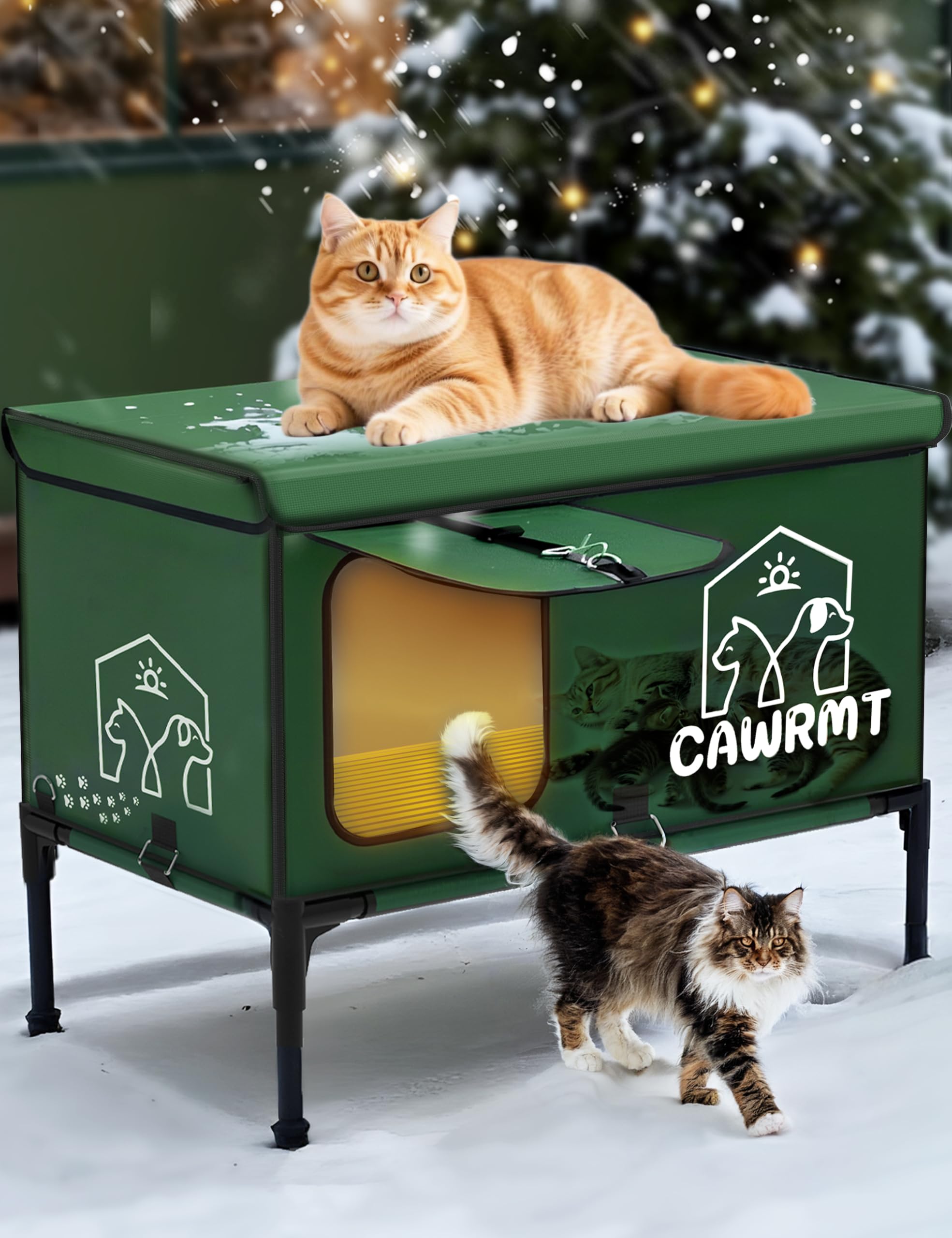 LiLadayd X-Large Heated Cat House outdoors offers winter shelter and warmth.