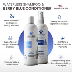 Lillian Ruff Berry Blue Brightening Conditioner tube close-up highlights whitening and detangling benefits.