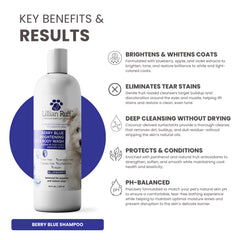 Lillian Ruff Berry Blue Brightening Shampoo pour action suggests efficient use with minimal product