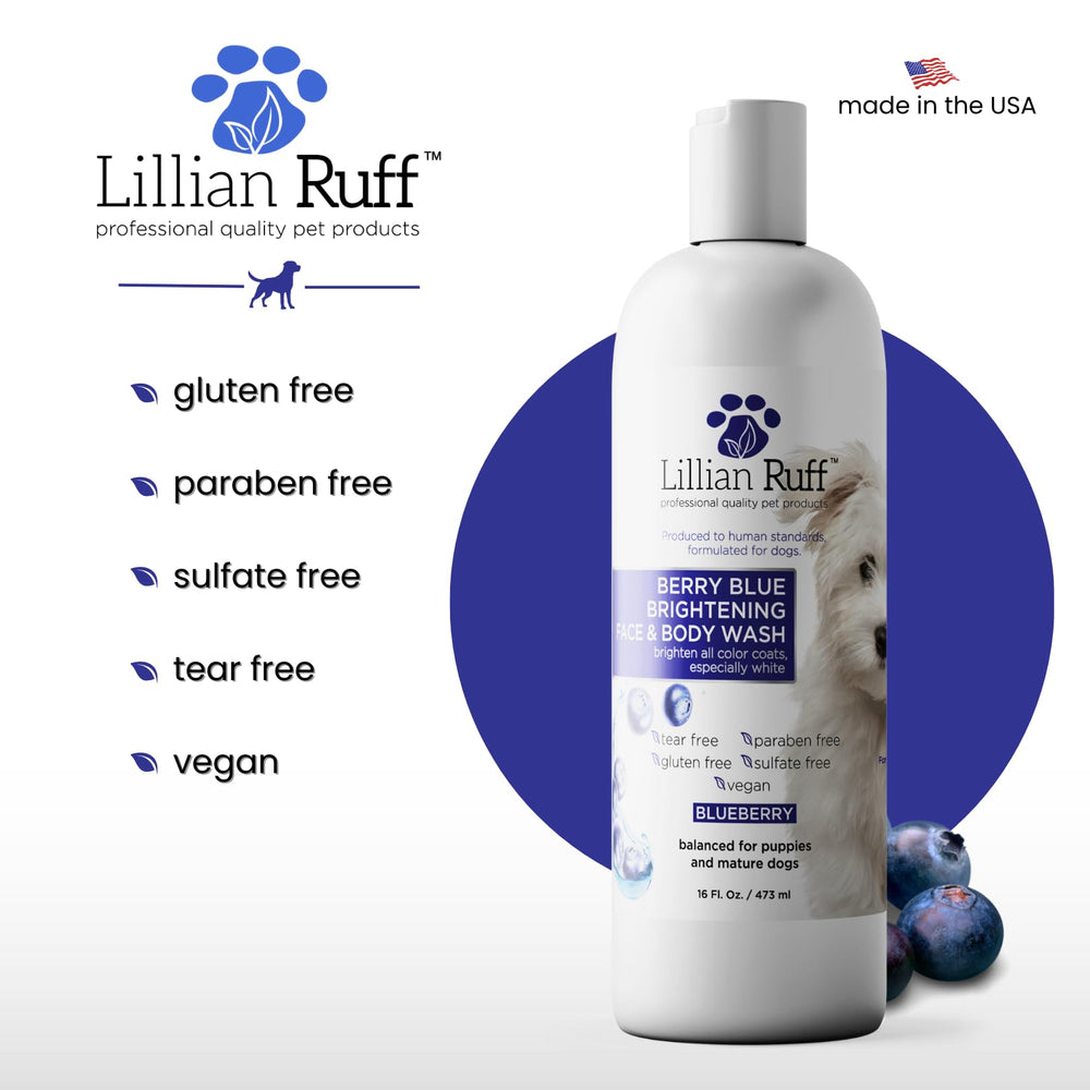 Lillian Ruff Berry Blue Brightening Shampoo Made in USA emphasizes quality and safety standards