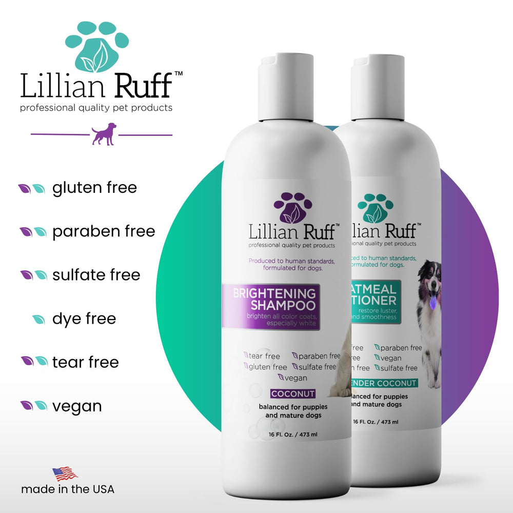 Lillian Ruff Coconut Brightening Shampoo for sensitive skin pets with gentle cleansing.