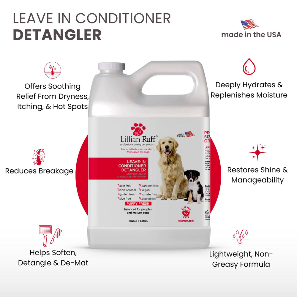 Lillian Ruff leave-in conditioner spray close-up highlights silky coat detangling and soft powder scent.