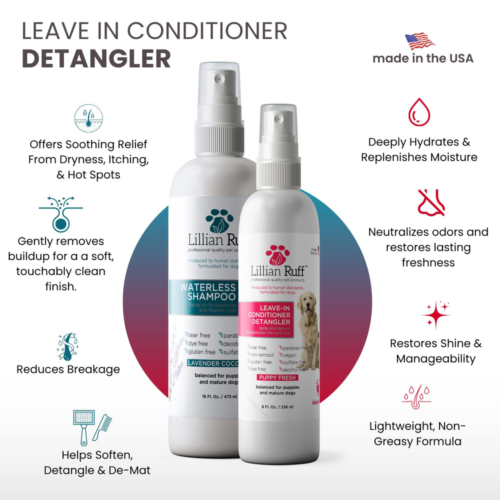 Lillian Ruff leave-in detangler spray helps knots brush out smoothly.