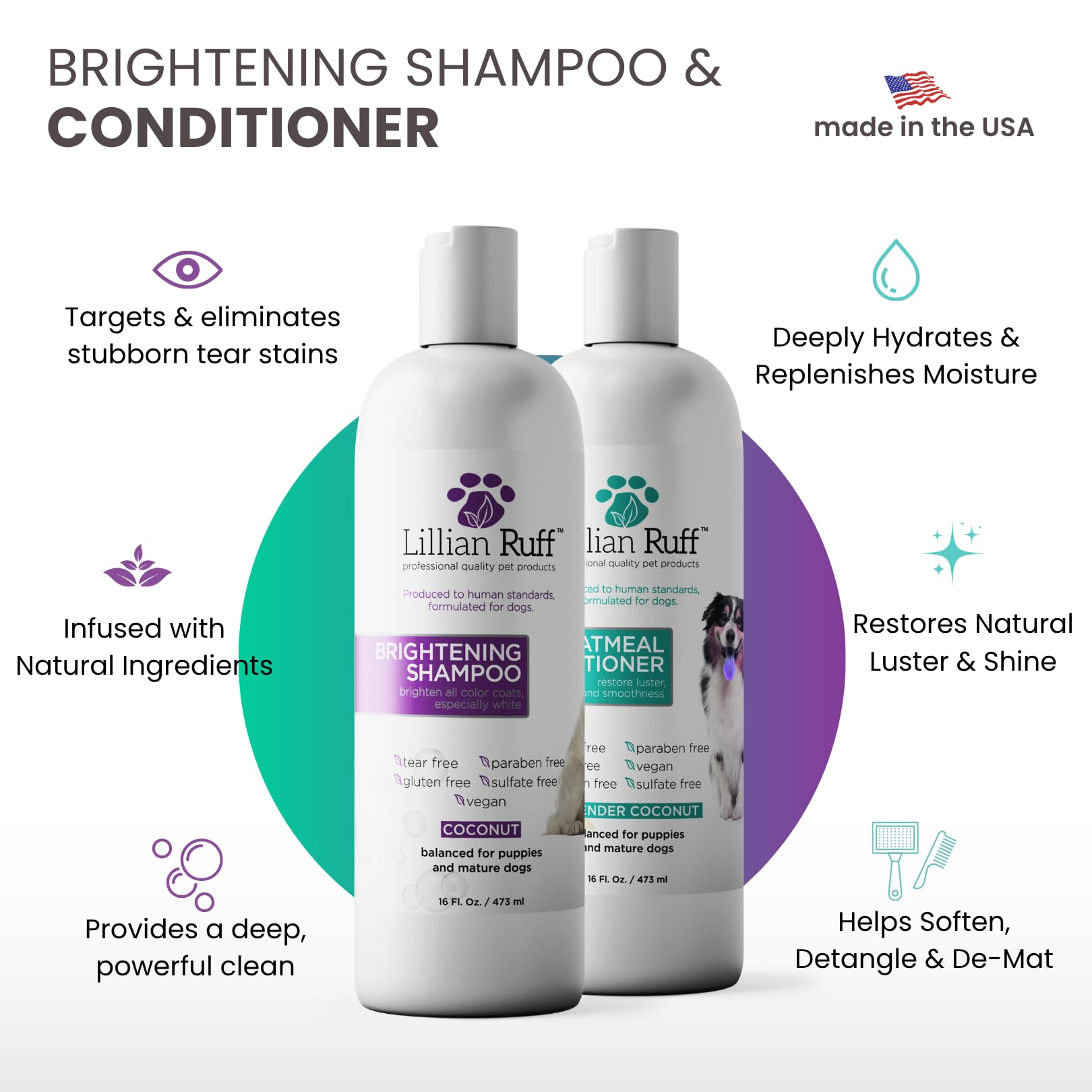 Lillian Ruff Oatmeal Conditioner coats nourished with aloe for softer fur.