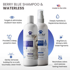 Lillian Ruff PRO Berry Blue Brightening Shampoo foamy-lather demonstrates tear stain care.