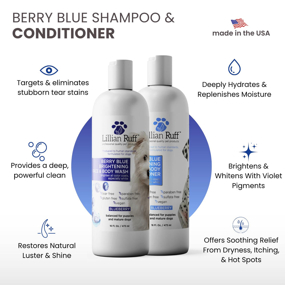 Lillian Ruff PRO Berry Blue Brightening Conditioner bottle highlighting moisture for shine