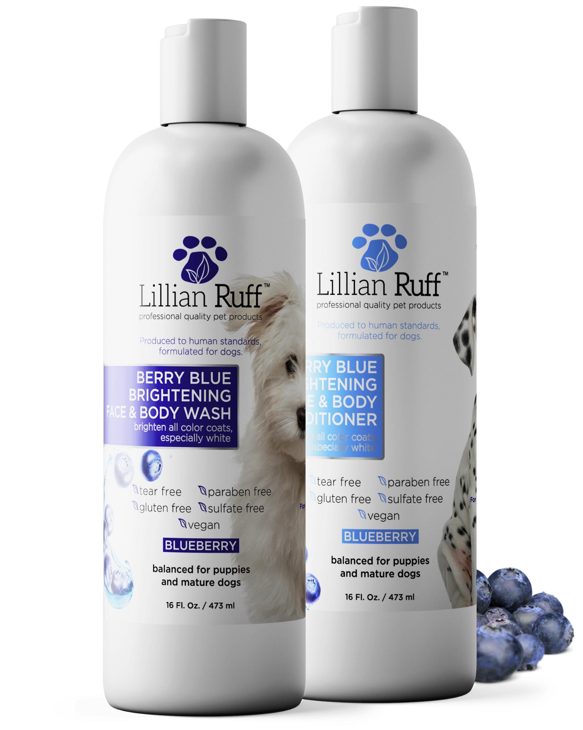 Lillian Ruff PRO Berry Blue Brightening Shampoo bottle showing whitening for dogs